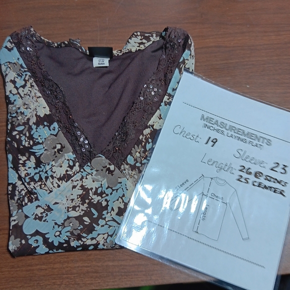 Tailor B. Moss Women's M Brown & Teal Floral Babydoll Style Long-Sleeve Top - Picture 4 of 8